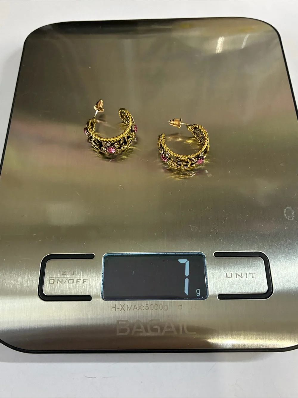 Gold GG Logo Hoop Earrings with Pink Crystal Flower Accents